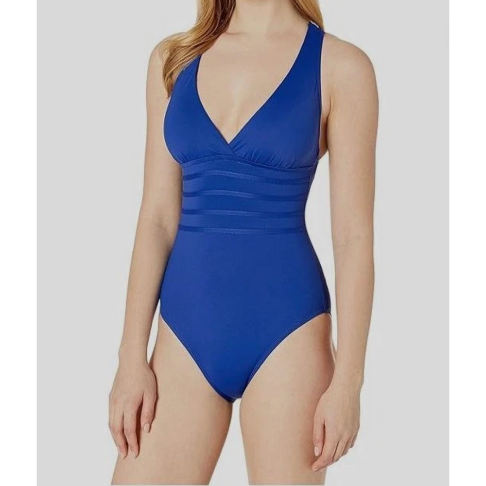 La Blanca Women One Piece Swimsuit 6 Blue Cross Back Flattering Resortwear Beach